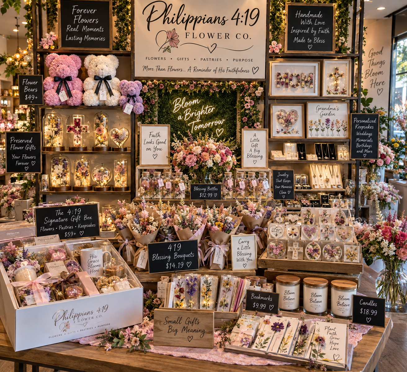 Philippians 4:19 Flower Co. gift boutique display